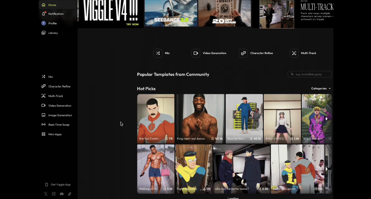 Viggle Image and Video model picker with ChatGPT Images 2.0 selected and reference image uploads