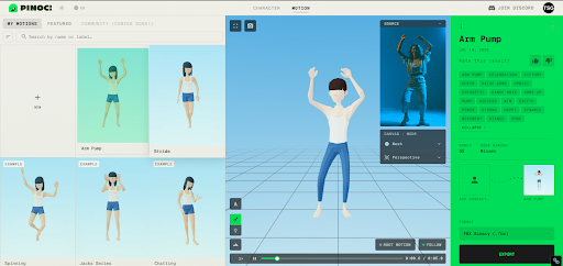 Viggle PINOC motion library showing a captured Arm Pump animation ready to export