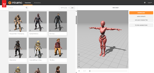 Mixamo character library and auto-rig T-pose preview